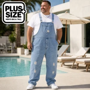 Men's Plus Size Light Blue Distressed 100% Cotton Denim Overalls - SL305