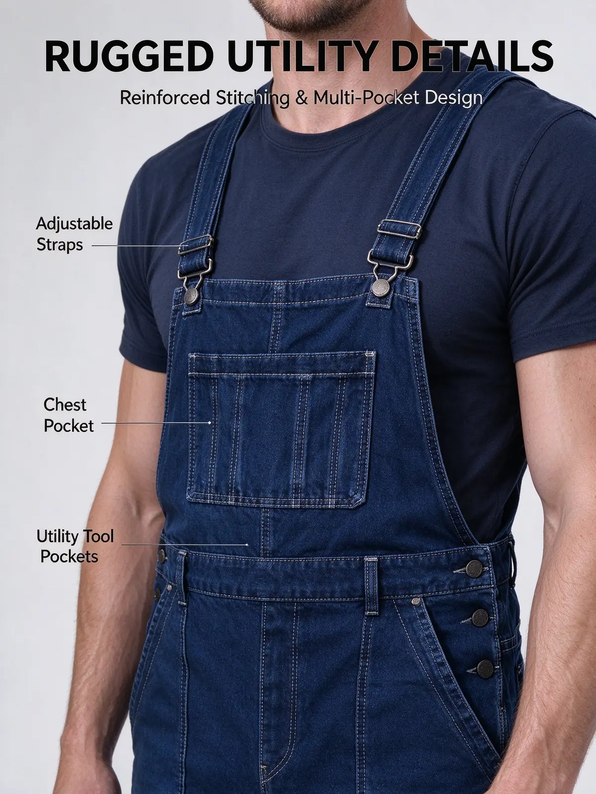 Men's dark blue denim bib overalls — image 2