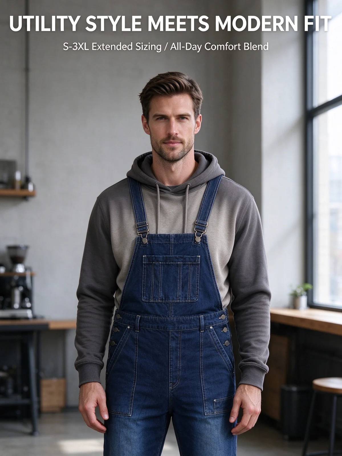 Men's dark blue denim bib overalls — image 4