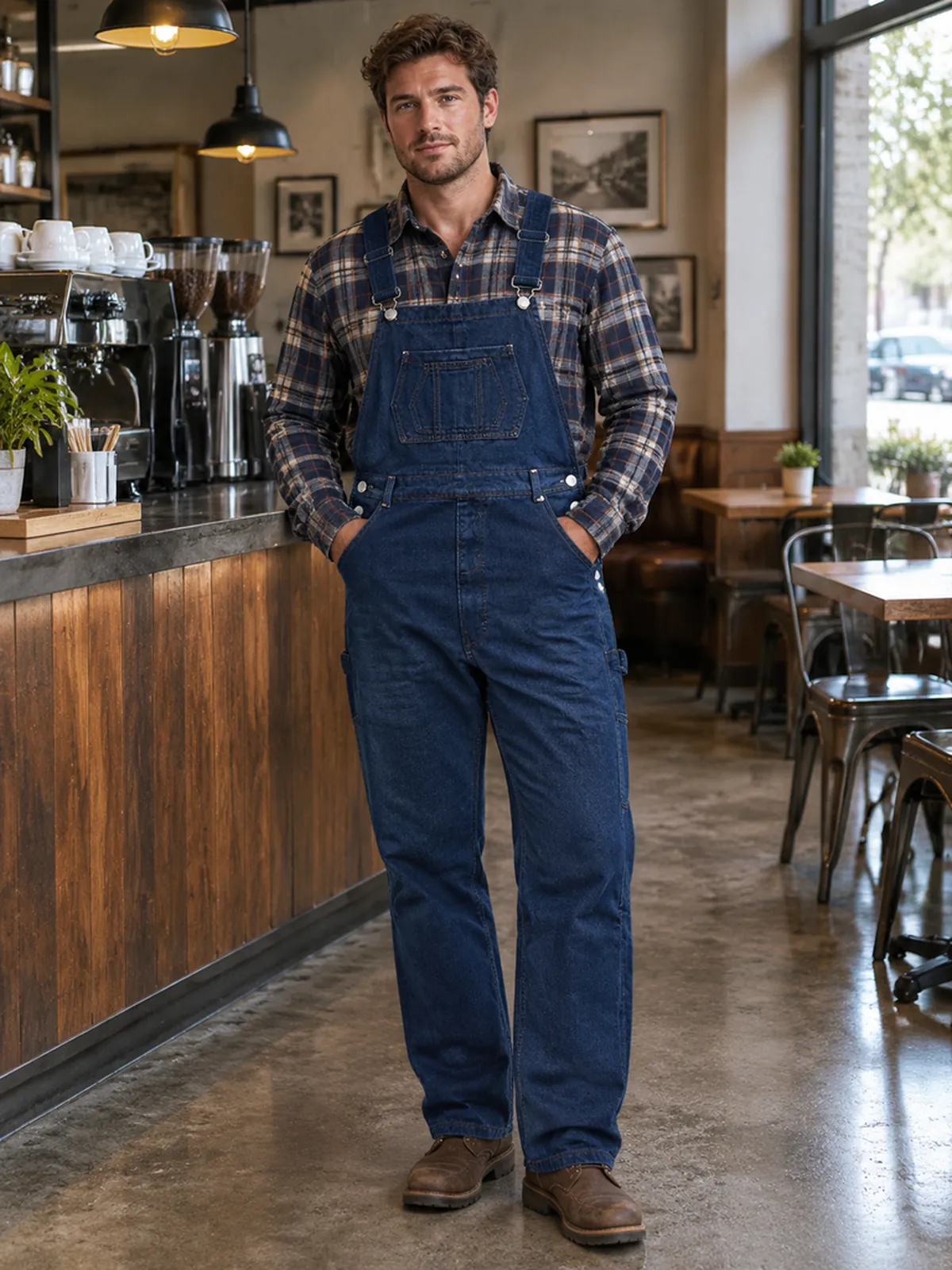 Men's dark blue denim bib overalls — image 4