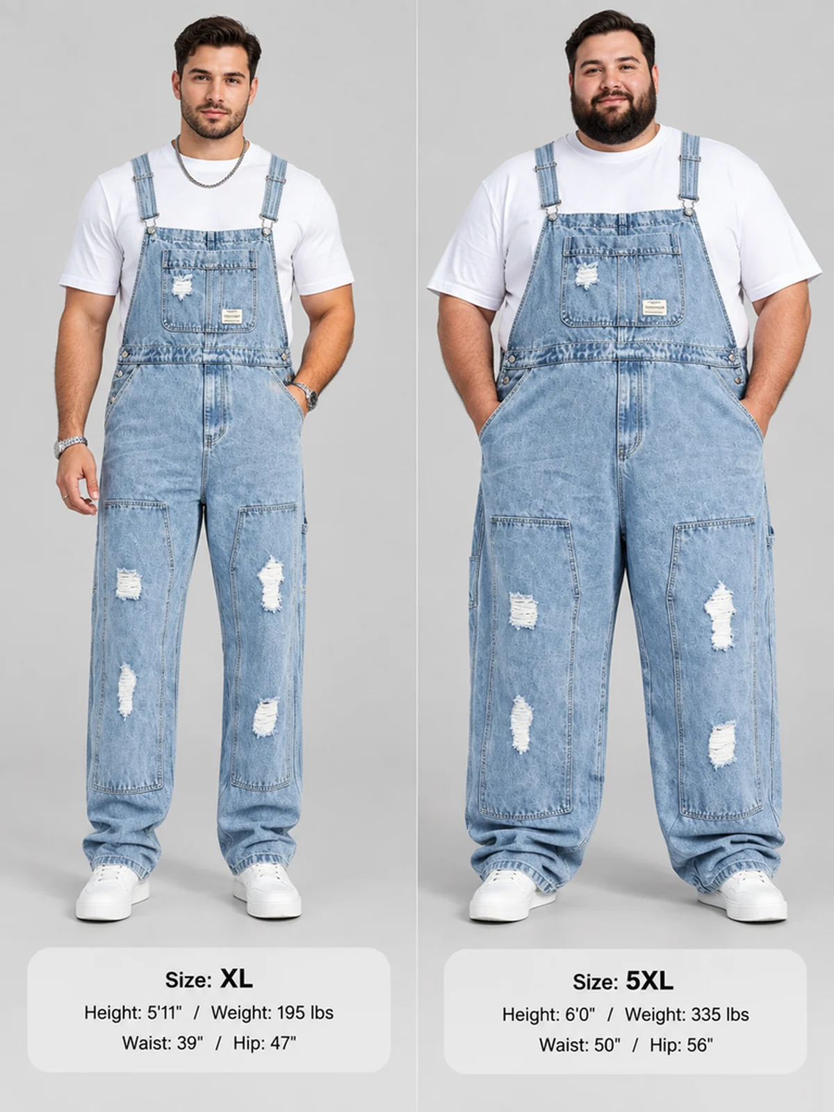 Men's plus size light blue distressed denim overalls — SL305 image 8