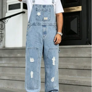 Men's plus size light blue distressed denim overalls — SL305 image 1