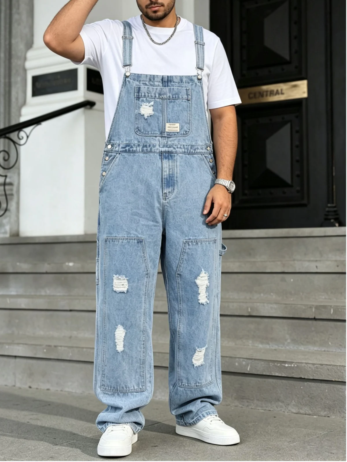 Men's plus size light blue distressed denim overalls — SL305 image 1