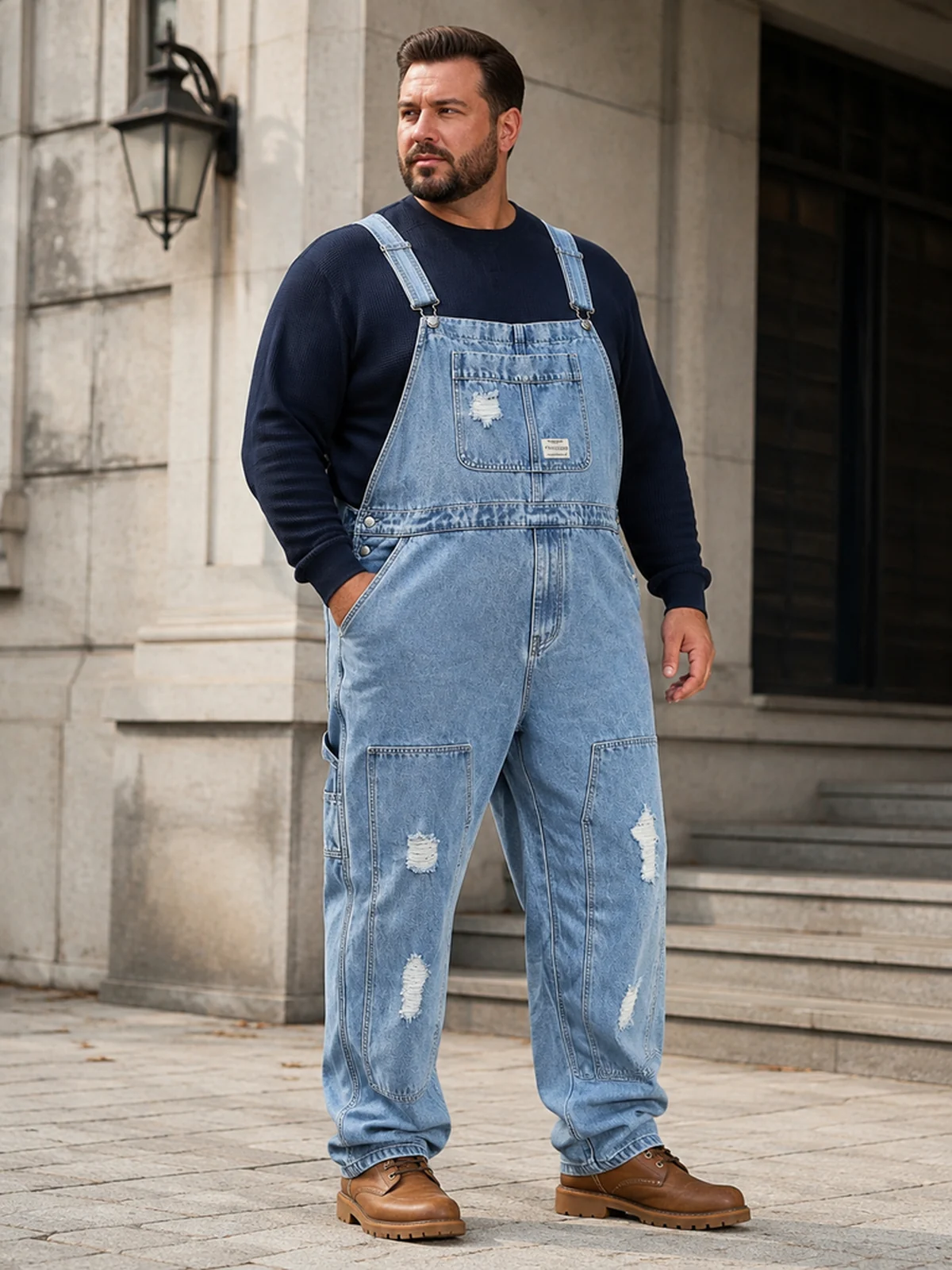 Men's plus size light blue distressed denim overalls — SL305 image 6