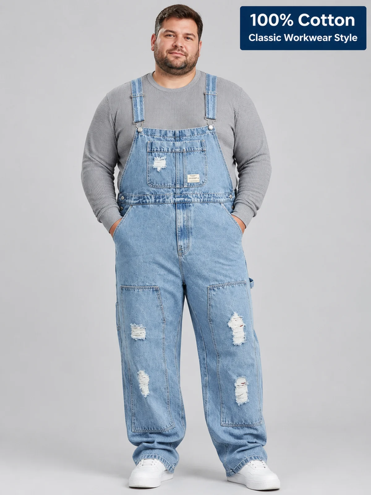 Men's plus size light blue distressed denim overalls — SL305 image 7