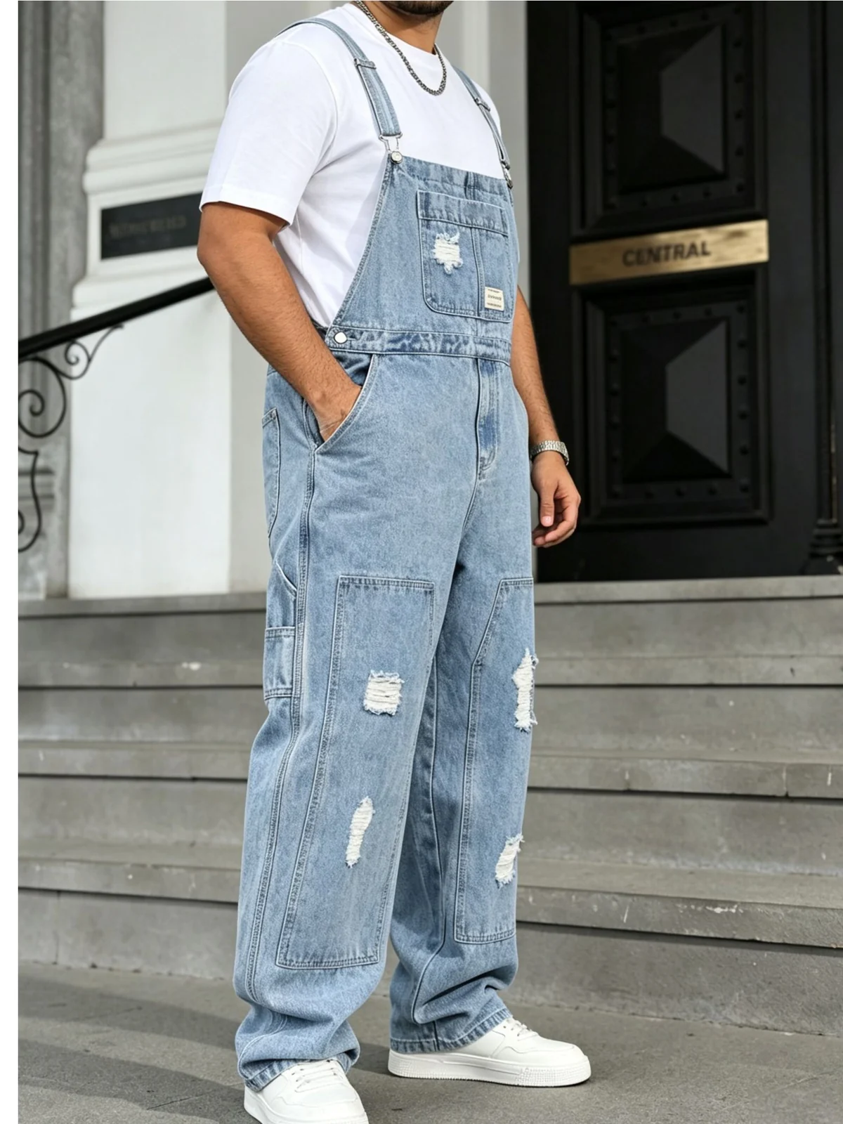 Men's plus size light blue distressed denim overalls — SL305 image 2