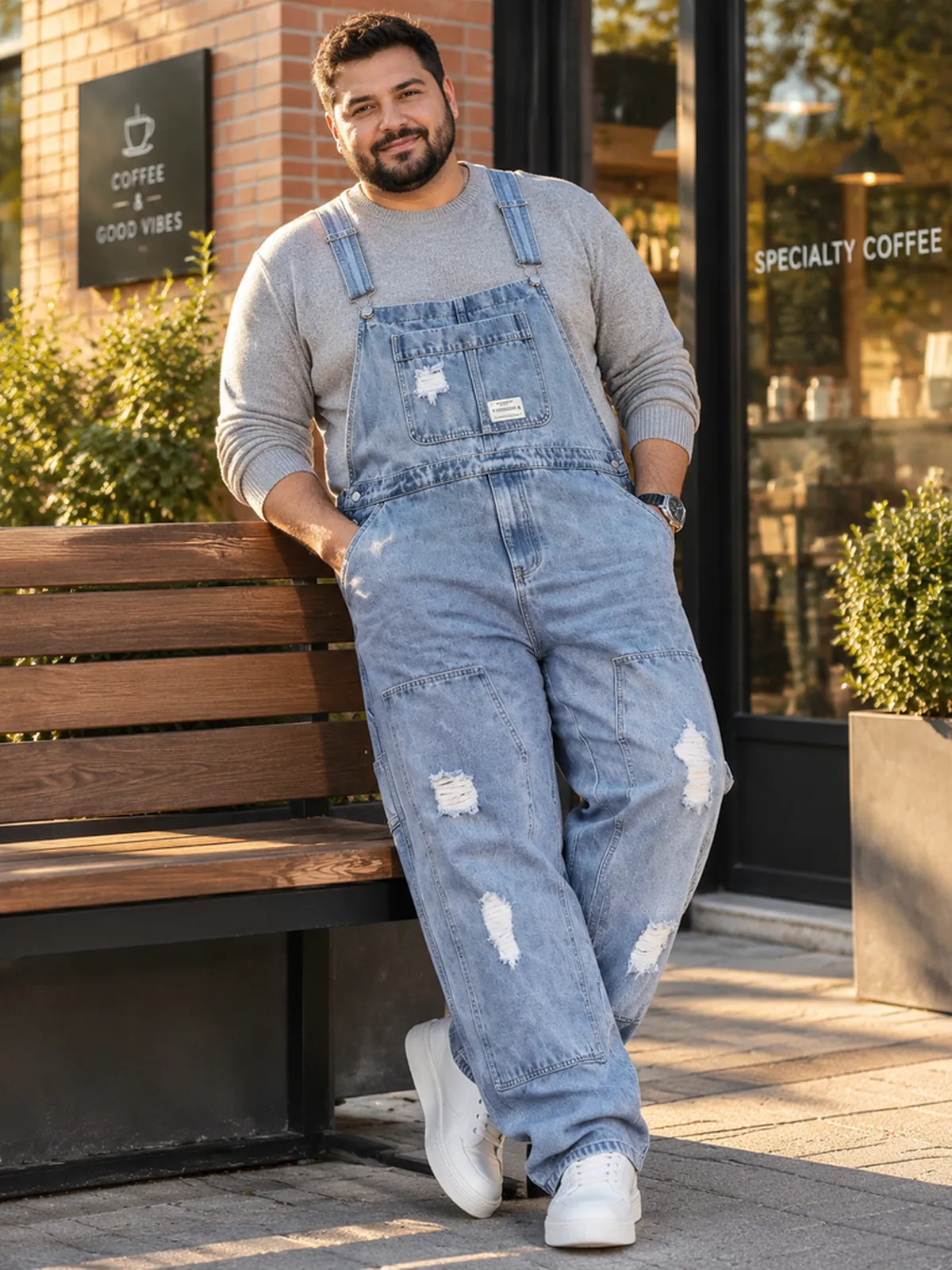 Men's plus size light blue distressed denim overalls — SL305 image 5