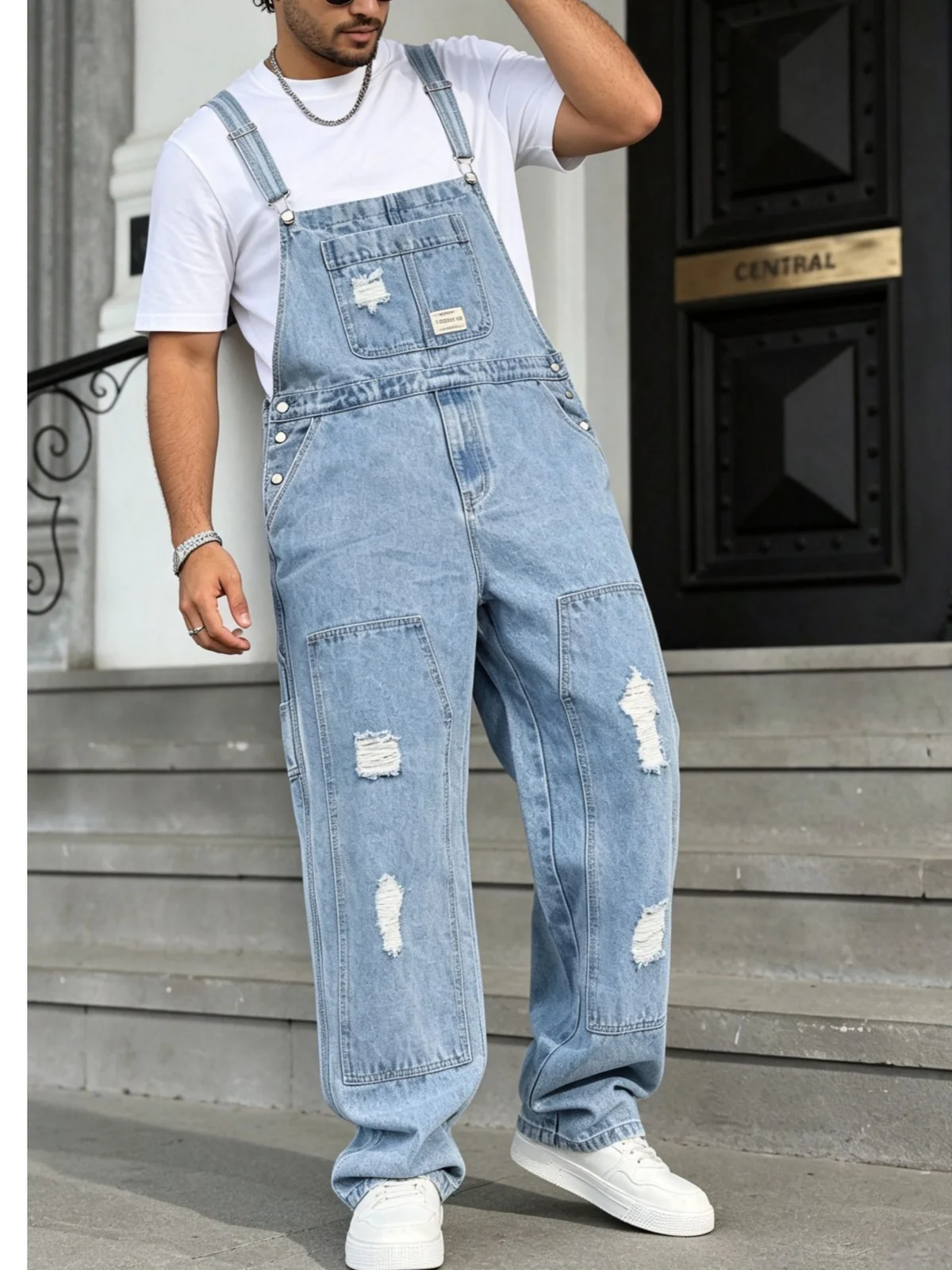 Men's plus size light blue distressed denim overalls — SL305 image 4