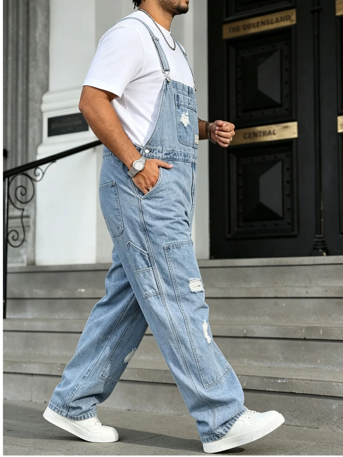 Men's plus size light blue distressed denim overalls — SL305 image 3
